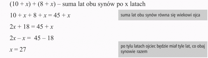 Zadania tekstowe. Suma lat obu synów po x latach. Suma lat obu synów równa się wiekowi ojca. Po tylu latach ojciec będzie miał tyle lat, co obaj synowie razem.