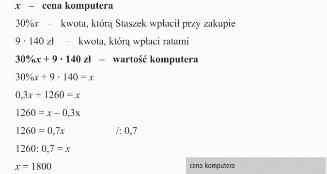 Zadania tekstowe. Cena komputera. Kwota, którą Staszek wpłacił przy zakupie. Kwota, którą wpłaci ratami. Wartość komputera. Cena komputera.