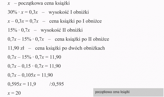 Zadania tekstowe. Początkowa cena książki. Wysokość I obniżki, cena książki po I obniżce, wysokość II obniżki, cena książki po II obniżce, cena książki po dwóch obniżkach. Początkowa cena książki.