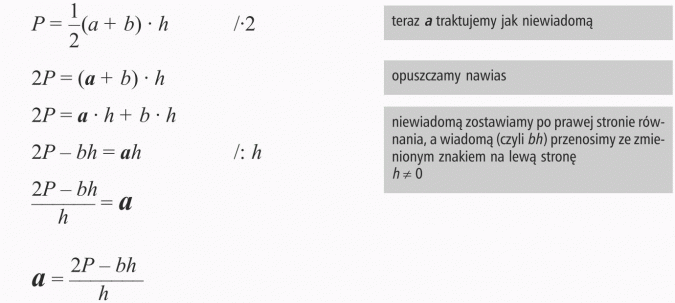 Przekształcanie wzorów. Teraz a traktujemy jak niewiadomą. Opuszczamy nawias. Niewiadomą zostawiamy po prawej stronie równania, a wiadomą (czyli bh) przenosimy ze zmienionym znakiem na lewą stronę. h != 0.