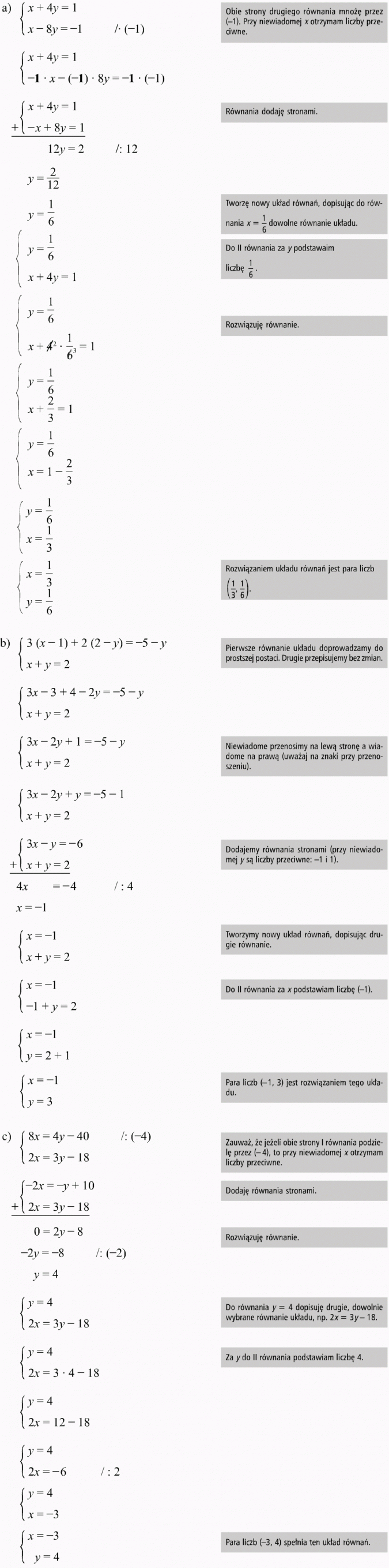 Metoda przeciwnych współczynników. Obie strony drugiego równania mnożę przez (-1). Przy niewiadomej x otrzymam liczby przeciwne. Równania dodaję stronami. Tworzę nowy układ równań, dopisując do równania x = 1/6 dowolne równanie układu. Do II równania za y podstawiam liczbę 1/6. Rozwiązuję równanie. Rozwiązaniem układu równań jest para liczb. Pierwsze równanie układu doprowadzamy do prostszej postaci. Drugie przepisujemy bez zmian. Niewiadome przenosimy na lewą stronę, a wiadome na prawą (uważaj na znaki przy przenoszeniu). Dodajemy równania stronami (przy niewiadomej y są liczby przeciwne: -1 i 1). Tworzymy nowy układ równań, dopisując drugie równanie. Do II równania za x podstawiam liczbę (-1). para liczb (-1, 3) jest rozwiązaniem tego układu. Zauważ, że jeżeli obie strony I równania podzielę przez (-4), to przy niewiadomej x otrzymam liczby przeciwne. Dodaję równania stronami. Rozwiązuję równanie. Do równania y = 4 dopisuję drugie, dowolnie wybrane równanie układu, np. 2x = 3y - 18. Za y do II równania podstawiam liczbę 4. Para liczb (-3, 4) spełnia ten układ równań.