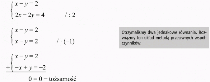 Metoda przeciwnych współczynników. Otrzymaliśmy dwa jednakowe równania. Rozwiążmy ten układ metodą przeciwnych współczynników. Tożsamość.