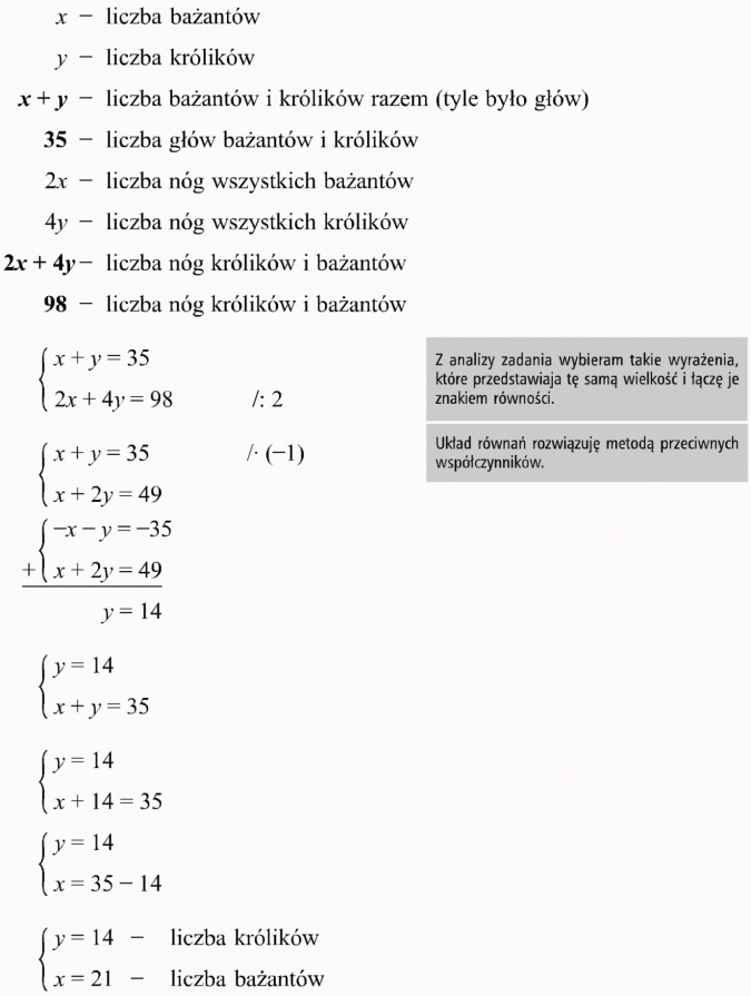 Zadania tekstowe. Liczba bażantów, liczba królików, liczba bażantów i królików razem (tyle było głów), liczba głów bażantów i królików, liczba nóg wszystkich bażantów, liczba nóg wszystkich królików, liczba nóg królików i bażantów. Z analizy zadania wybieram takie wyrażenia, które przedstawiają tę samą wielkość i łączę je znakiem równości. Układ równań rozwiązuję metodą przeciwnych współczynników.