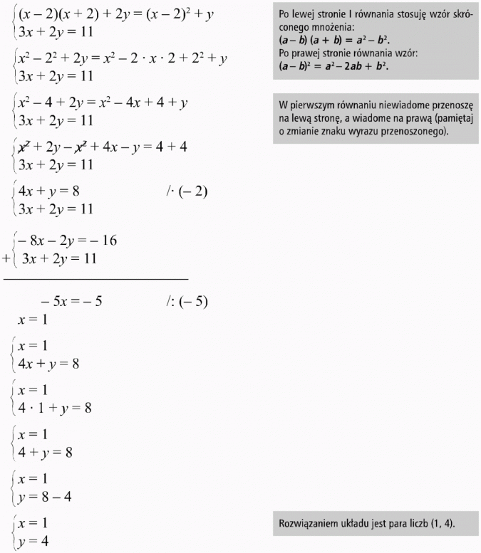 Graficzna ilustracja układu równań. Po lewej stronie I równania stosuję wzór skróconego mnożenia... Po prawej stronie równania wzór... W pierwszym równaniu niewiadome przenoszę na lewą stronę, a wiadome na prawą (pamiętaj o zmianie znaku wyrazu przenoszonego). Rozwiązaniem układu jest para liczb (1, 4).