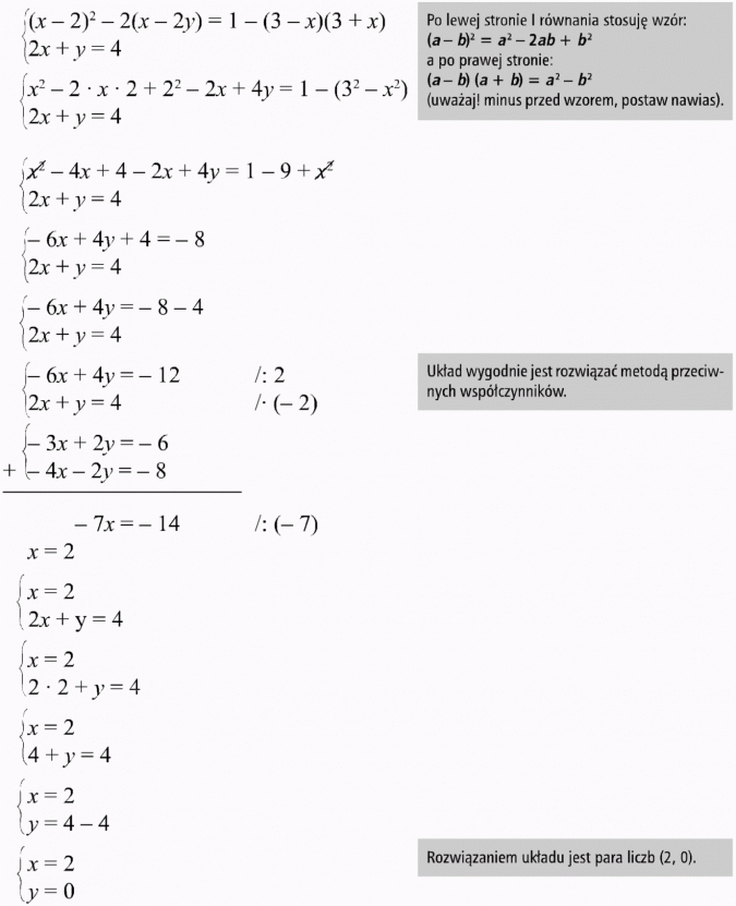 Graficzna ilustracja układu równań. Po lewej stronie I równania stosuję wzór... a po prawej stronie... (uważaj! minus przed wzorem, postaw nawias). Układ wygodnie jest rozwiązać metodą przeciwnych współczynników. Rozwiązaniem układu jest para liczb (2, 0).