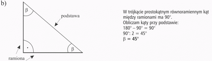 Trójkąty. Podstawa, ramiona. W trójkącie prostokątnym równoramiennym kąt między ramionami ma 90 stopni. Obliczam kąty przy podstawie.