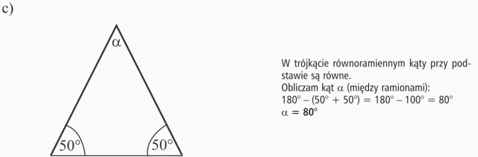 Trójkąty. W trójkącie równoramiennym kąty przy podstawie są równe. Obliczam kąt alfa (między ramionami).