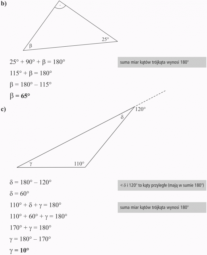 Trójkąty. To kąty przyległe. Suma miar kątów trójkąta wynosi 180 stopni.