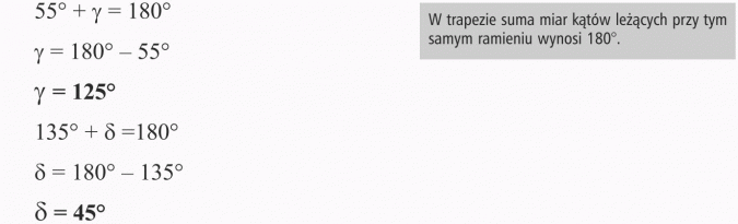 Czworokąty. W trapezie suma miar kątów leżących przy tym samym ramieniu wynosi 180 stopni.
