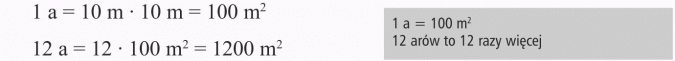 Pola wielokątów. 1 a = 100 m^2. 12 arów to 12 razy więcej.