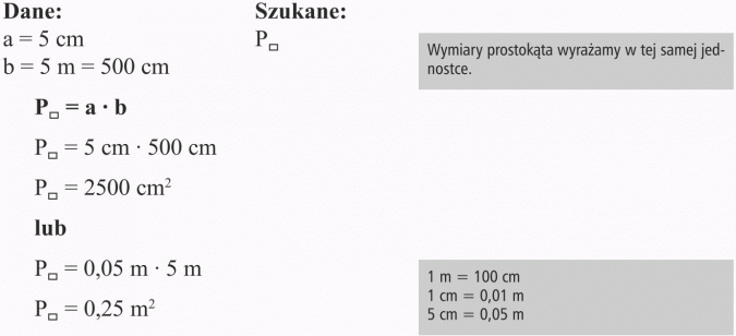 Pola wielokątów. Dane, szukane. Wymiary prostokąta wyrażamy w tej samej jednostce.