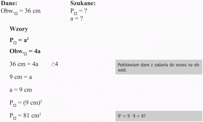 Pola wielokątów. Dane, szukane, wzory. Podstawiam dane z zadania do wzoru na obwód.