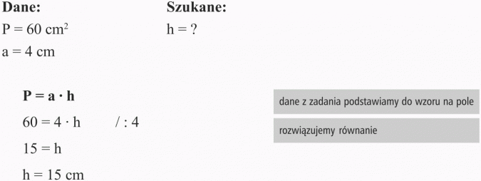 Pola wielokątów. Dane, szukane. Dane z zadania podstawiamy do wzoru na pole. Rozwiązujemy równanie.