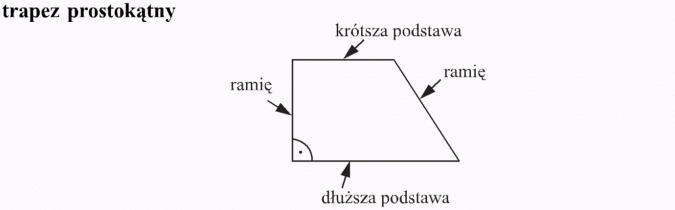Trójkąty o kątach 90, 45, 45 stopni oraz 90, 60, 30 stopni. Trapez prostokątny. Ramię, krótsza podstawa, dłuższa podstawa.