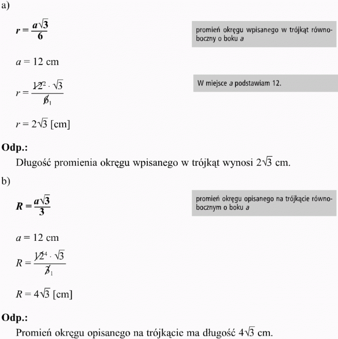 Okrąg opisany i wpisany w trójkąt równoboczny. Promień okręgu wpisanego w trójkąt równoboczny o boku a. W miejsce a podstawiam 12. Długość promienia okręgu wpisanego w trójkąt wynosi... Promień okręgu opisanego na trójkącie równobocznym o boku a. Promień okręgu opisanego na trójkącie ma długość...