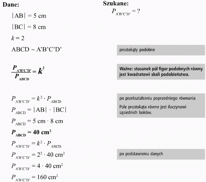 Podobieństwo figur. Dane, szukane. Prostokąty podobne. Ważne: stosunek pól figur podobnych równy jest kwadratowi skali podobieństwa. Po przekształceniu poprzedniego równania. Pole prostokąta równe jest iloczynowi sąsiednich boków. Po podstawieniu danych.