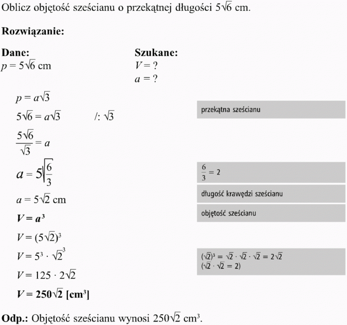 Graniastosłupy. Oblicz objętość sześcianu o przekątnej długości... Rozwiązanie, dane, szukane. Przekątna sześcianu. Długość krawędzi sześcianu, objętość sześcianu. Objętość sześcianu wynosi...