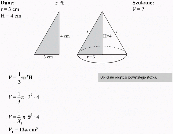 Stożek. Dane, szukane. Obliczam objętość powstałego stożka.