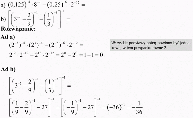 Działania na liczbach rzeczywistych. Rozwiązanie. Wszystkie podstawy potęg powinny być jednakowe, w tym przypadku równe 2.