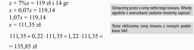 Procenty i średnie. Oznaczamy przez x cenę netto tego towaru. Wtedy zgodnie z warunkami zadania możemy zapisać. Teraz obliczamy cenę towaru z nowym podatkiem VAT.