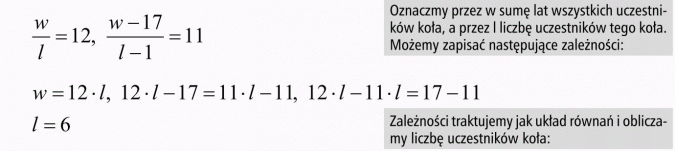 Procenty i średnie. Oznaczmy przez w sumę lat wszystkich uczestników koła, a przez l liczbę uczestników tego koła. Możemy zapisać następujące zależności. Zależności traktujemy jak układ równań i obliczamy liczbę uczestników koła.