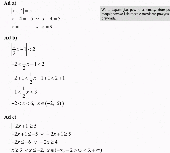 Wartość bezwzględna. Warto zapamiętać pewne schematy, które pomagają szybko i skutecznie rozwiązać powyższe przykłady.