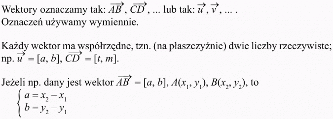 Wektory. Wektory oznaczamy tak... lub tak... Oznaczeń używamy wymiennie. Każdy wektor ma współrzędne, tzn. (na płaszczyźnie) dwie liczby rzeczywiste. Jeżeli np. dany jest wektor... to...