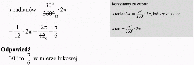 Miara łukowa kąta. x radianów. Korzystamy ze wzoru... Odpowiedź: 30 stopni to ... w mierze łukowej.