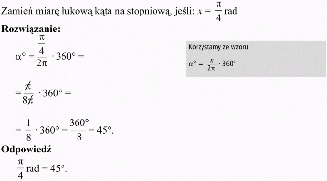 Miara łukowa kąta. Zamień miarę łukową kąta na stopniową, jeśli... Rozwiązanie. Korzystamy ze wzoru. Odpowiedź...