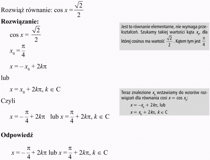 Podstawowe równania i nierówności trygonometryczne. Rozwiąż równanie... Jest to równanie elementarne, nie wymaga przekształceń. Szukamy takiej wartości kąta x0, dla której cosinus ma wartość... Kątem tym jest... Teraz znalezione x0 wstawiamy do wzorów rozwiązań dla równania cos x = cos x0.