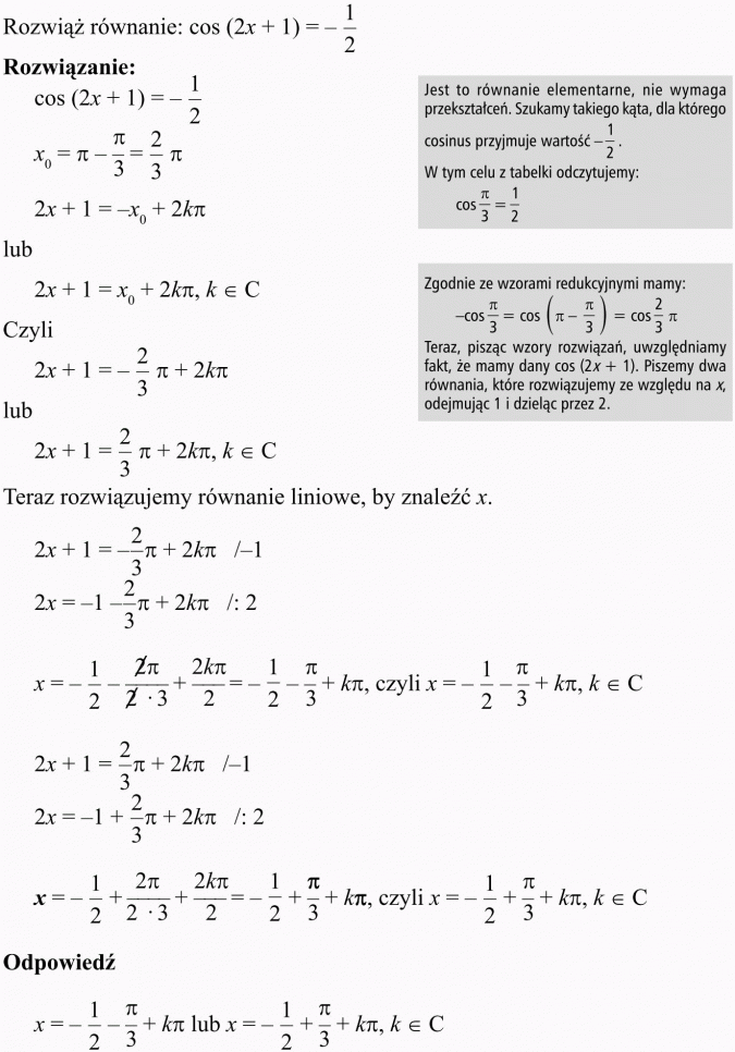 Podstawowe równania i nierówności trygonometryczne. Rozwiąż równanie... Jest to równanie elementarne, nie wymaga przekształceń. Szukamy takiego kąta, dla którego cosinus przyjmuje wartość -1/2. W tym celu z tabelki odczytujemy. Zgodnie ze wzorami redukcyjnymi mamy... Teraz, pisząc wzory rozwiązań, uwzględniamy fakt, że mamy dany cos (2x + 1). Piszemy dwa równania, które rozwiązujemy ze względu na x, odejmując 1 i dzieląc przez 2. Teraz rozwiązujemy równanie liniowe, by znaleźć x.