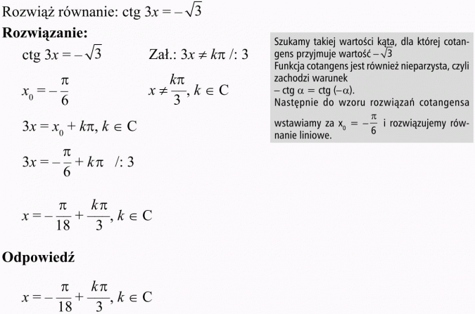 Podstawowe równania i nierówności trygonometryczne. Rozwiąż równanie... Szukamy takiej wartości kąta, dla której cotangens przyjmuje wartość... Funkcja cotangens jest również nieparzysta, czyli zachodzi warunek... Następnie do wzoru rozwiązań cotangensa wstawiamy za x0... i rozwiązujemy równanie liniowe.