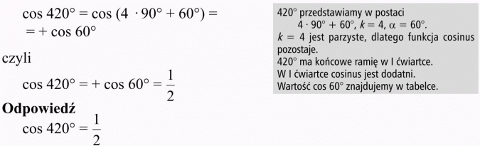 Wzory redukcyjne. 420 st. przedstawiamy w postaci... k = 4 jest parzyste, dlatego funkcja cosinus pozostaje. 420 st. ma końcowe ramię w I ćwiartce. W I ćwiartce cosinus jest dodatni. Wartość cos 60 st. znajdujemy w tabelce.