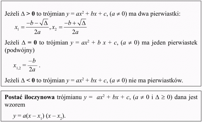Postać ogólna, kanoniczna i iloczynowa funkcji kwadratowej. Jeżeli... to trójmian... ma dwa pierwiastki. Jeżeli... to trójmian... ma jeden pierwiastek (podwójny). Jeżeli... to trójmian... nie ma pierwiastków. Postać iloczynowa trójmianu... dana jest wzorem...
