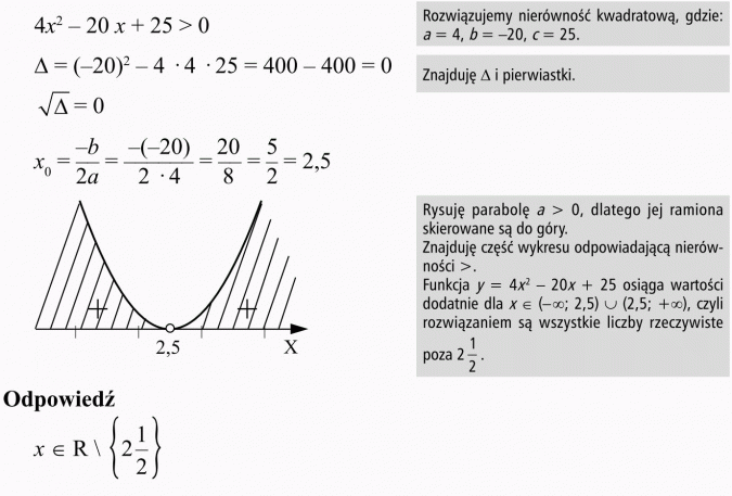 Równania i nierówności kwadratowe. Rozwiązujemy nierówność kwadratową, gdzie... Znajduję... i pierwiastki. Rysuję parabolę... dlatego jej ramiona skierowane są do góry. Znajduję część wykresu odpowiadającą nierówności... Funkcja osiąga wartości dodatnie dla... czyli rozwiązaniem są wszystkie liczby rzeczywiste...