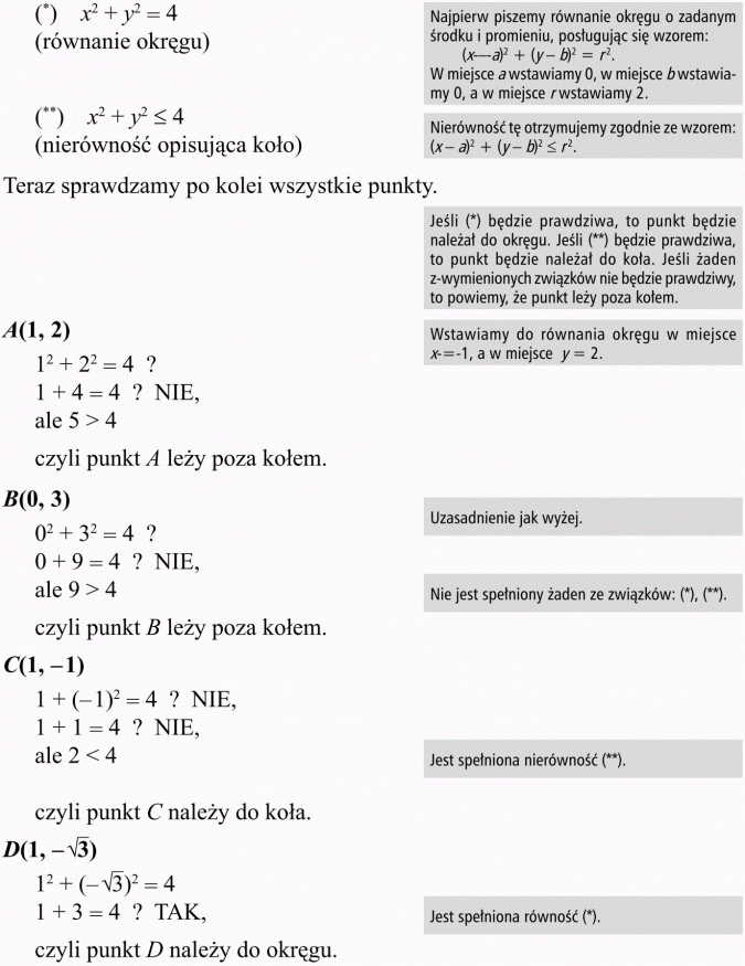 Okrąg i koło w układzie współrzędnych. Równanie okręgu. Najpierw piszemy równanie okręgu o zadanym środku i promieniu, posługując się wzorem... W miejsce a wstawiamy 0, w miejsce b wstawiamy 0, a w miejsce r wstawiamy 2. Nierówność tę otrzymujemy zgodnie ze wzorem. Nierówność opisująca koło. Teraz sprawdzamy po kolei wszystkie punkty. Jeśli (*) będzie prawdziwa, to punkt będzie należał do okręgu. Jeśli (**) będzie prawdziwa, to punkt będzie należał do koła. Jeśli żaden z wymienionych związków nie będzie prawdziwy, to powiemy, że punkt leży poza kołem. Wstawiamy do równania okręgu w miejsce... Czyli punkt A leży poza kołem. Uzasadnienie jak wyżej. Nie jest spełniony żaden ze związków. Czyli punkt B leży poza kołem. Jest spełniona nierówność. Czyli punkt C należy do koła. Jest spełniona nierówność. Czyli punkt D należy do okręgu.