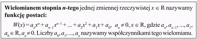 Działania na wielomianach, równość wielomianów. Wielomianem stopnia n-tego jednej zmiennej rzeczywistej nazywamy funkcję postaci... Liczby a0, a1... nazywamy współczynnikami tego wielomianu.