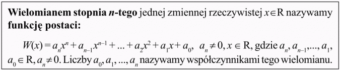 Twierdzenie Bezouta. Wielomianem stopnia n-tego jednej zmiennej rzeczywistej nazywamy funkcję postaci... Liczby... nazywamy współczynnikami tego wielomianu.
