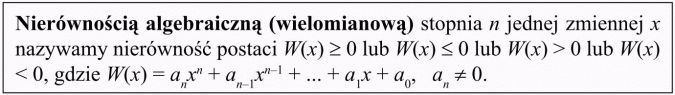 Równania i nierówności wielomianowe. Nierównością algebraiczną (wielomianową) stopnia n jednej zmiennej x nazywamy nierówność postaci...