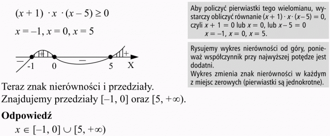 Równania i nierówności wielomianowe. Aby policzyć pierwiastki tego wielomianu, wystarczy obliczyć równanie... Rysujemy wykres nierówności od góry, ponieważ współczynnik przy najwyższej potędze jest dodatni. Wykres zmienia znak nierówności w każdym z miejsc zerowych (pierwiastki są jednokrotne). Teraz znak nierówności i przedziały. Znajdujemy przedziały...