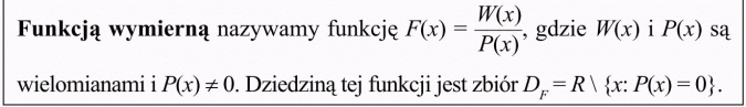 Wyrażenia wymierne. Funkcją wymierną nazywamy funkcję... gdzie... są wielomianami. Dziedziną tej funkcji jest zbiór...