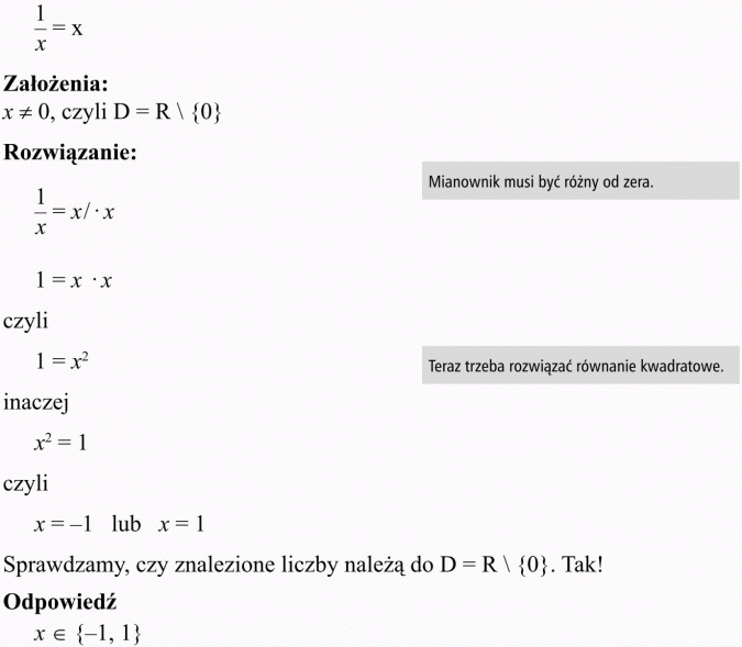 Równania i nierówności z funkcją homograficzną i wymierną. Założenia, rozwiązanie. Mianownik musi być różny od zera. Teraz trzeba rozwiązać równanie kwadratowe. Sprawdzamy, czy znalezione liczby należą do...