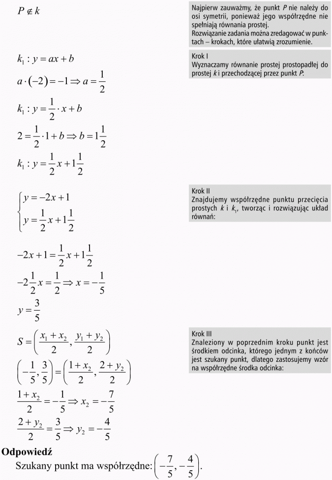 Przekształcenia płaszczyzny - interpretacja analityczna. Najpierw zauważmy, że punkt P nie nalezy do osi symetrii, ponieważ jego współrzędne nie spełniają równania prostej. Rozwiązanie zadania można zredagować w punktach - krokach, które ułatwią zrozumienie. Krok I - wyznaczamy równanie prostej prostopadłej do prostej k i przechodzącej przez punkt P. Krok II - znajdujemy współrzędne punktu przecięcia prostych k i k1, tworząc i rozwiązując układ równań. Krok III - znaleziony w poprzednim kroku punkt jest środkiem odcinka, którego jednym z końców jest szukany punkt, dlatego zastosujemy wzór na współrzędne środka odcinka. Szukany punkt ma współrzędne...