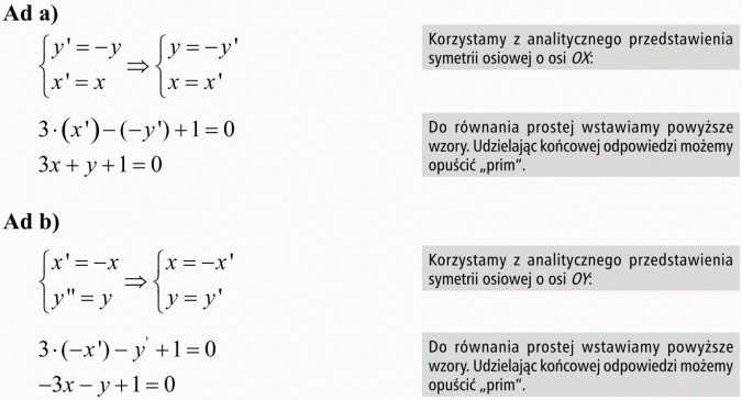 Przekształcenia płaszczyzny - interpretacja analityczna. Korzystamy z analitycznego przedstawienia symetrii osiowej o osi OX. Do równania prostej wstawiamy powyższe wzory. Udzielając końcowej odpowiedzi możemy opuścić prim. Korzystamy z analitycznego przedstawienia symetrii osiowej o osi OY. Do równania prostej wstawiamy powyższe wzory. Udzielając końcowej odpowiedzi możemy opuścić prim.