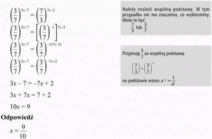Równania wykładnicze. Nalezy znaleźć wspólną podstawę. W tym przypadku nie ma znaczenia, co wybierzemy. Może to być 7/3 lub 3/7. Przyjmuję 3/7 za wspólną podstawę... na podstawie wzoru... Odpowiedź.