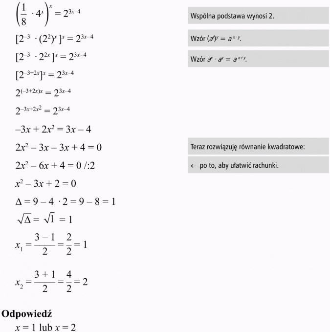Równania wykładnicze. Wspólna podstawa wynosi 2. Teraz rozwiązuję równanie kwadratowe. Po to, aby ułatwić rachunki. Odpowiedź.