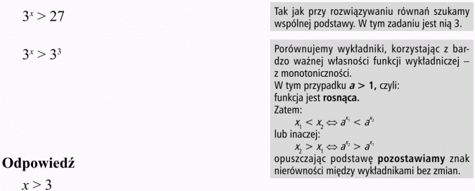 Nierówności wykładnicze. Tak jak przy rozwiązywaniu równań szukamy wspólnej podstawy. W tym zadaniu jest nią 3. Porównujemy wykładniki, korzystając z bardzo ważnej własności funkcji wykładniczej - z monotoniczności. W tym przypadku a większe od 1, czyli: funkcja jest rosnąca. ... opuszczając podstawę pozostawiamy znak nierówności między wykładnikami bez zmian.