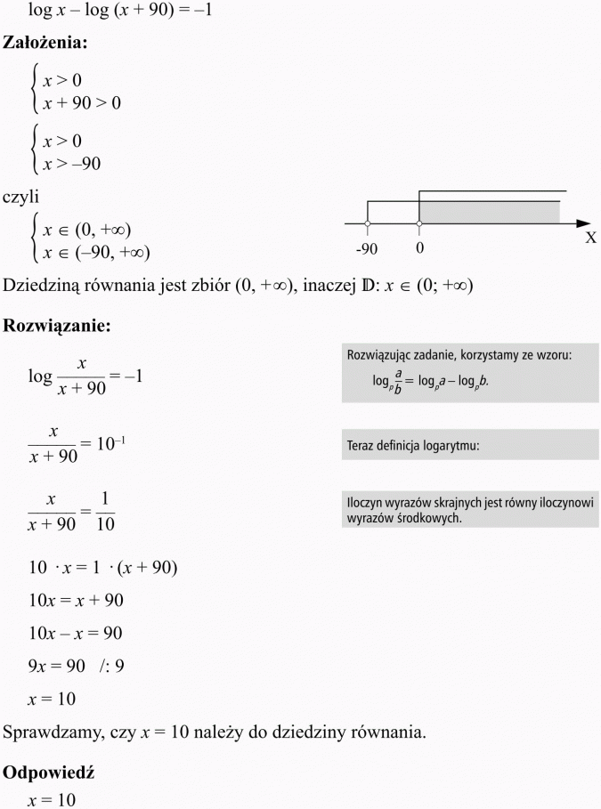 Równania logarytmiczne. Założenia... Dziedziną równania jest zbiór... Rozwiązując zadanie, korzystamy ze wzoru... Teraz definicja logarytmu. Iloczyn wyrazów skrajnych jest równy iloczynowi wyrazów środkowych. Sprawdzamy, czy x = 10 należy do dziedziny równania.