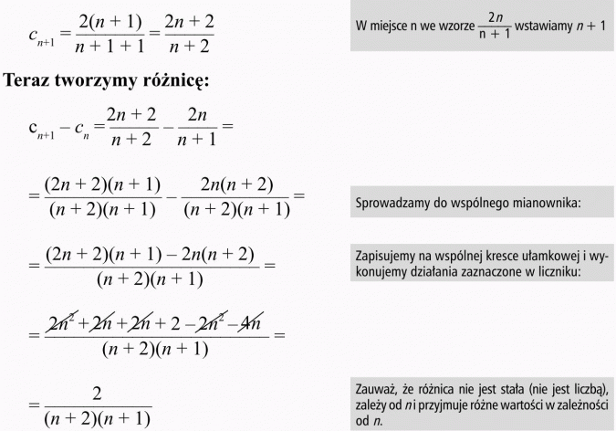 Ciąg arytmetyczny. W miejsce n we wzorze wstawiamy... Teraz tworzymy różnicę. Sprowadzamy do wspólnego mianownika. Zapisujemy na wspólnej kresce ułamkowej i wykonujemy działania zaznaczone w liczniku. Zauważ, że różnica nie jest stała (nie jest liczbą), zależy od n i przyjmuje różne wartości w zależności od n.