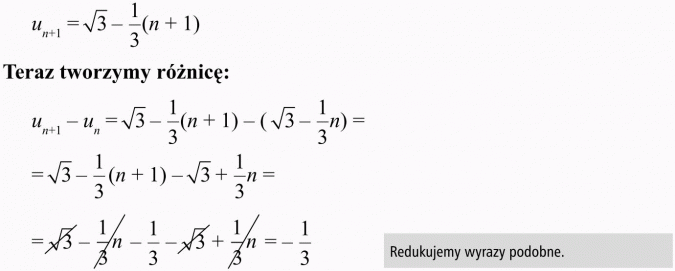 Ciąg arytmetyczny. Teraz tworzymy różnicę... Redukujemy wyrazy podobne.